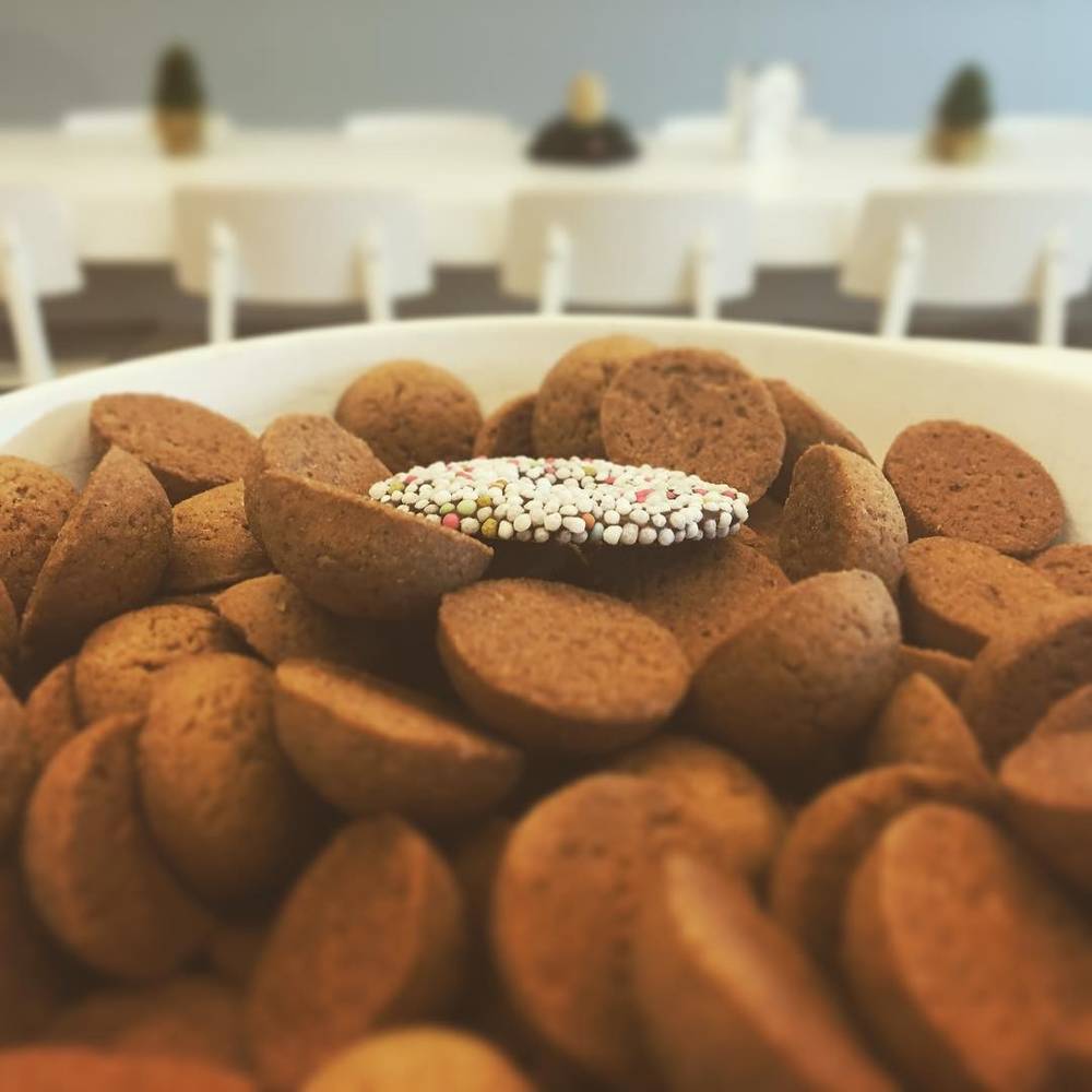 A bowl of pepernoten (spiced Dutch cookies) with one coated in white and colored sprinkles.