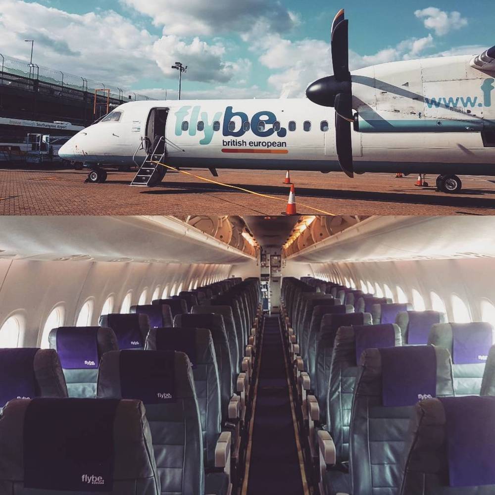A collage of a Flybe turboprop plane on the tarmac and its empty cabin aisle.