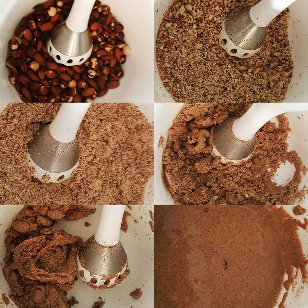 Collage of hazelnuts being ground into paste in stages using a food processor.