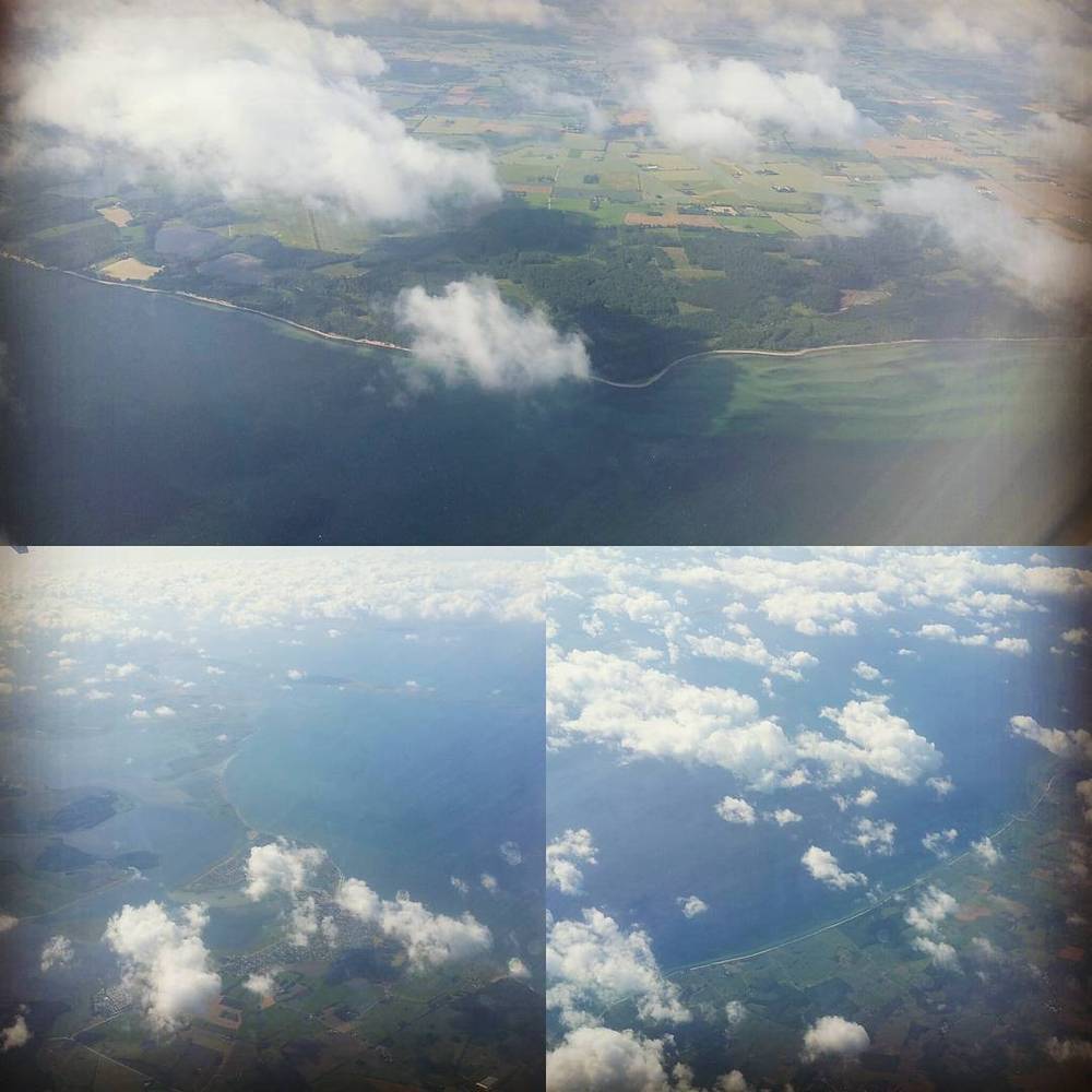 A collage of three aerial views showing coastline, fields and clouds seen from an airplane window.