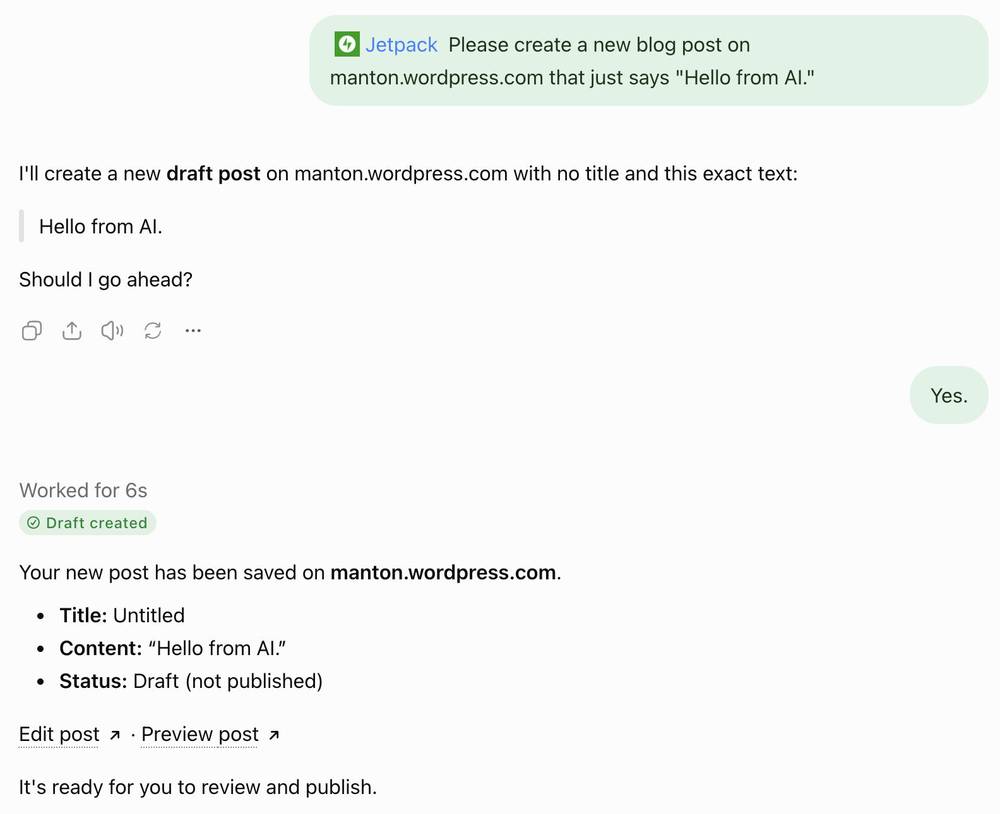 I have a test blog on WordPress.com, so I temporarily upgraded it to test Jetpack in ChatGPT. Here