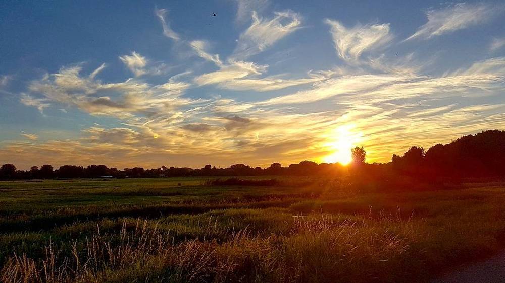 Cycling home under a Dutch summer sunset sky