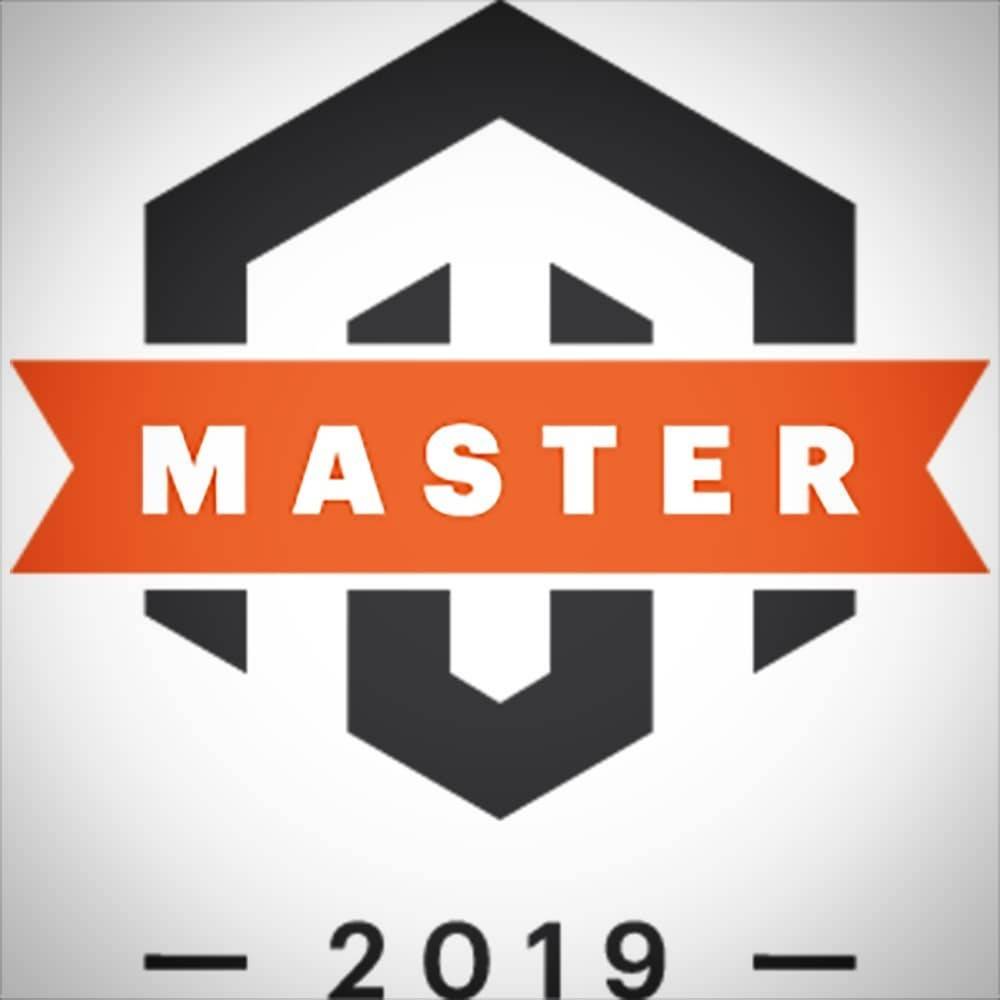 Logo graphic for the 2019 Magento Master award, a black hexagon with an orange "Master" ribbon.