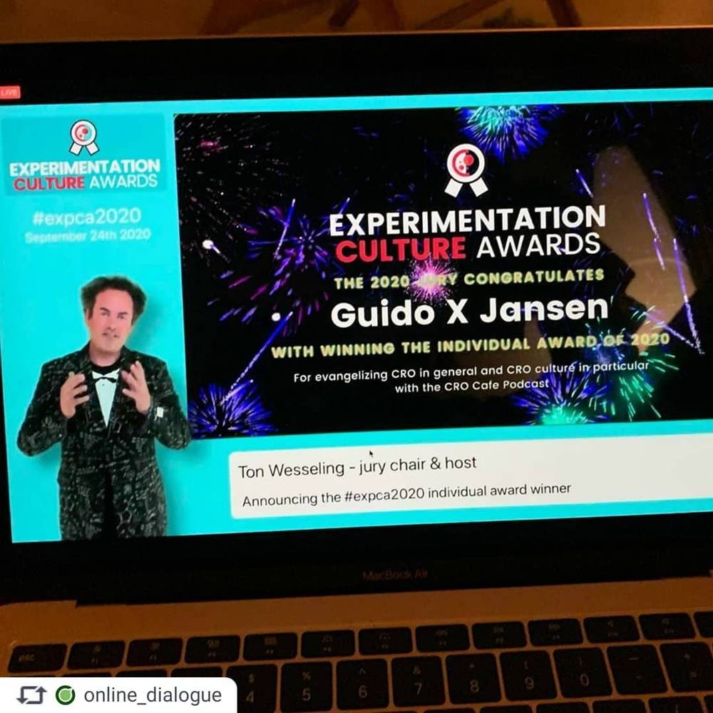 A laptop screen showing an online broadcast announcing Guido X Jansen as winner of the 2020 Experimentation Culture Award.