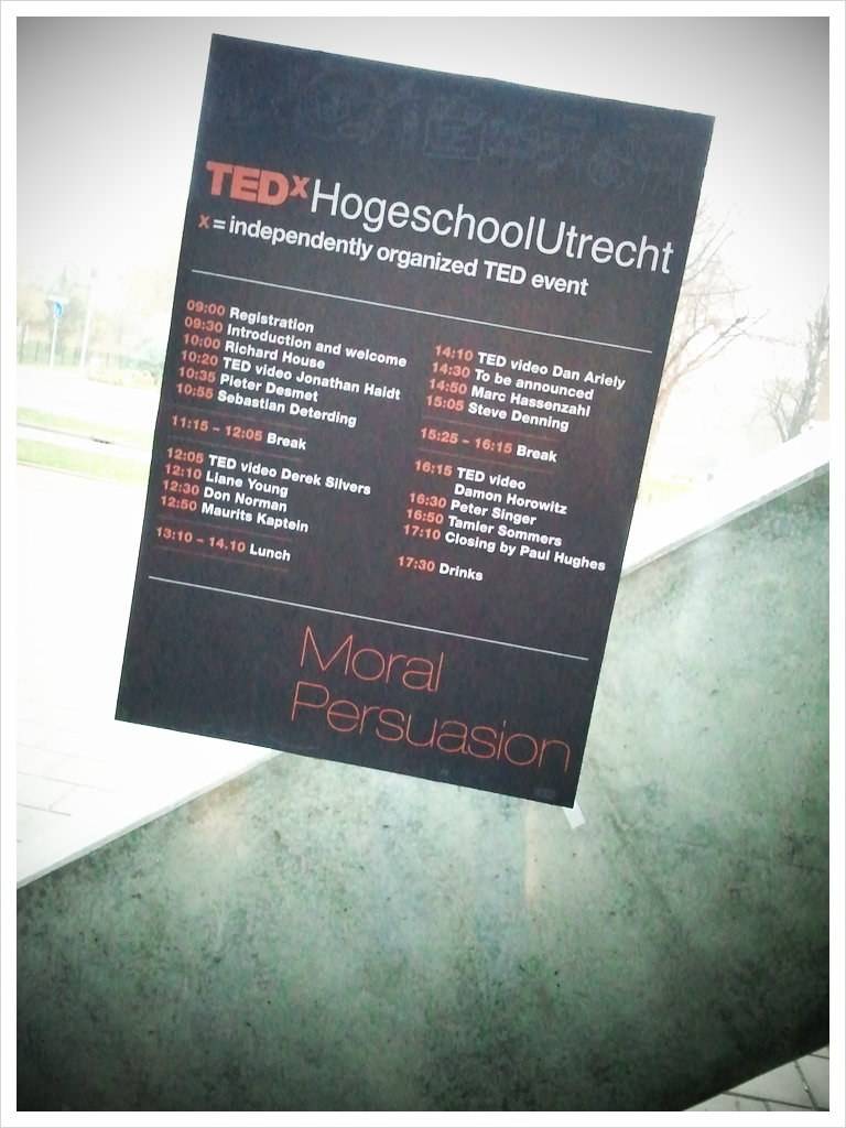 A printed schedule for the TEDxHogeschoolUtrecht event titled 'Moral Persuasion'.