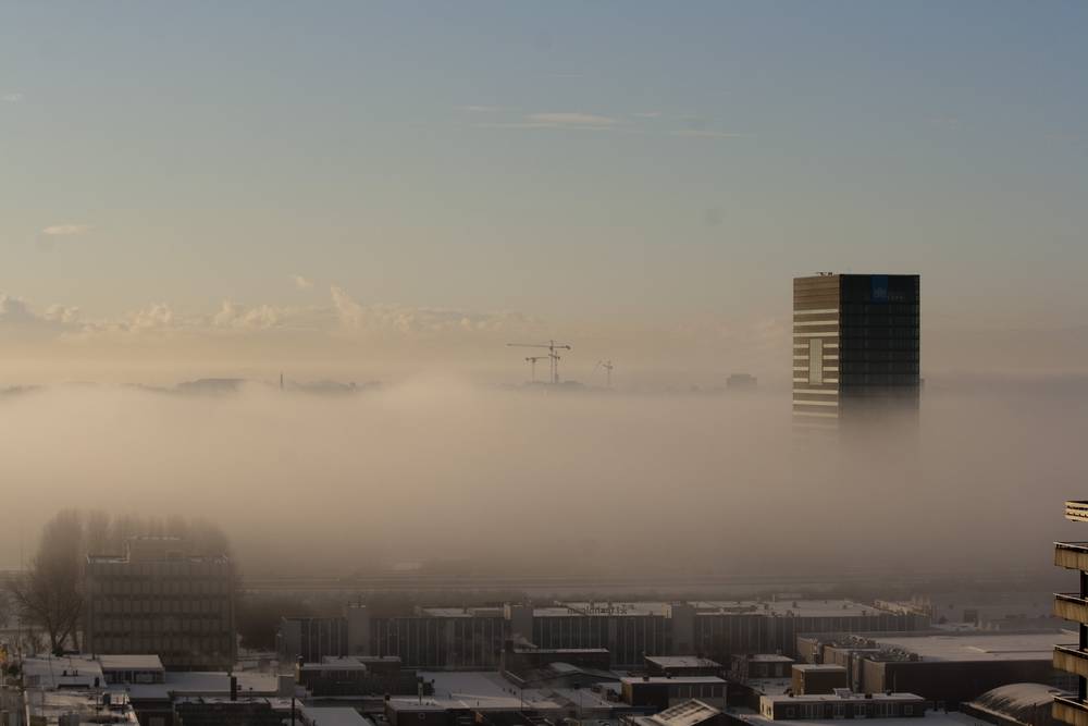 A tall office tower rises just above a sea of fog blanketing the city below, with cranes visible in the distance.