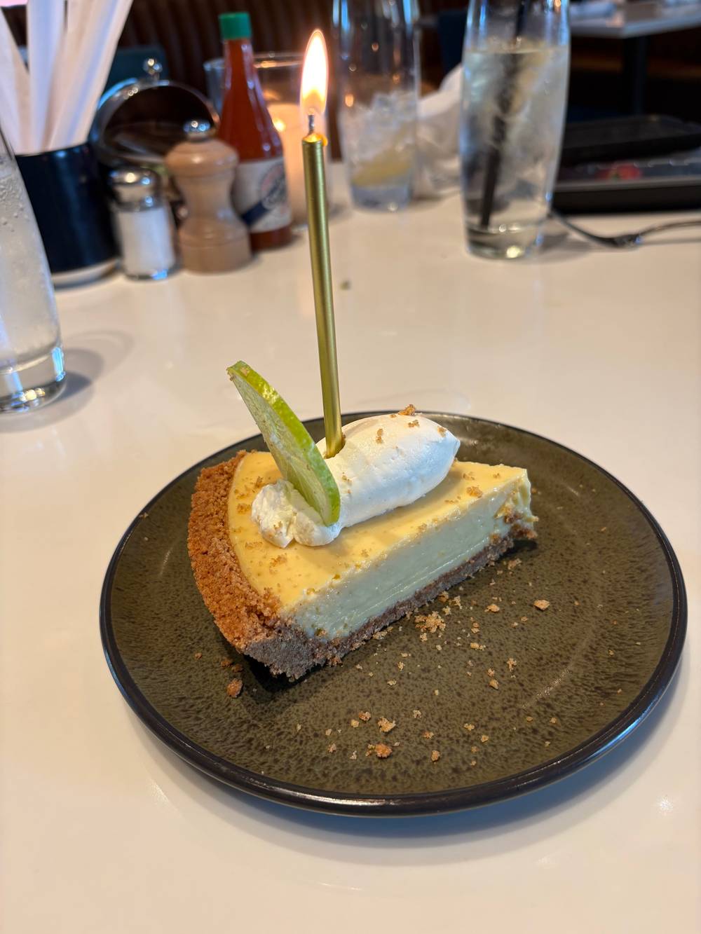 Key lime pie with candle
