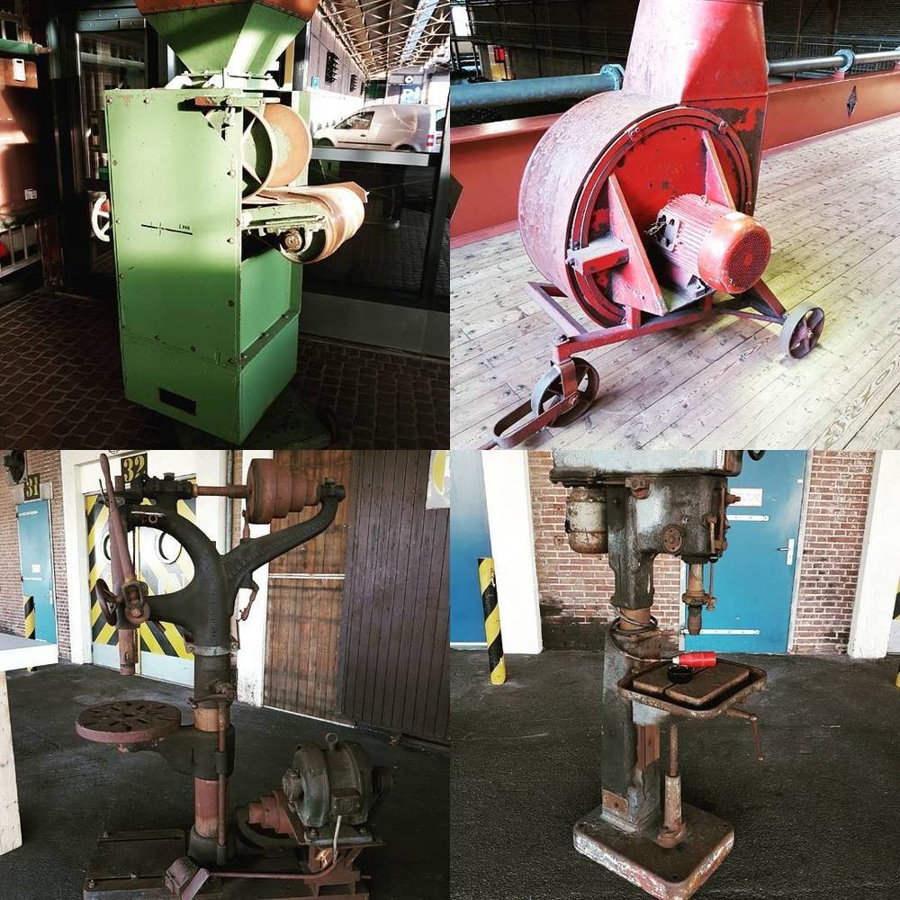 Collage of vintage industrial machinery, including a wringer and drill presses, inside a workshop.
