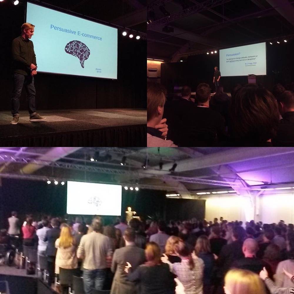 A collage of Guido Jansen presenting on stage titled "Persuasive E-commerce" to a large seated audience.