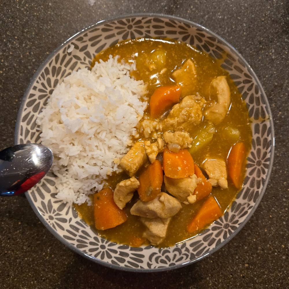 A bowl of Japanese curry with chunks of chicken, potatoes, and carrots in a golden-brown sauce, served alongside a mound of white rice in a patterned ceramic bowl, with a spoon resting on the left side.