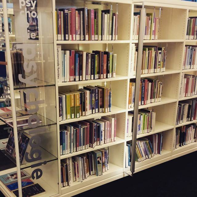 Rows of books on a library shelving unit.