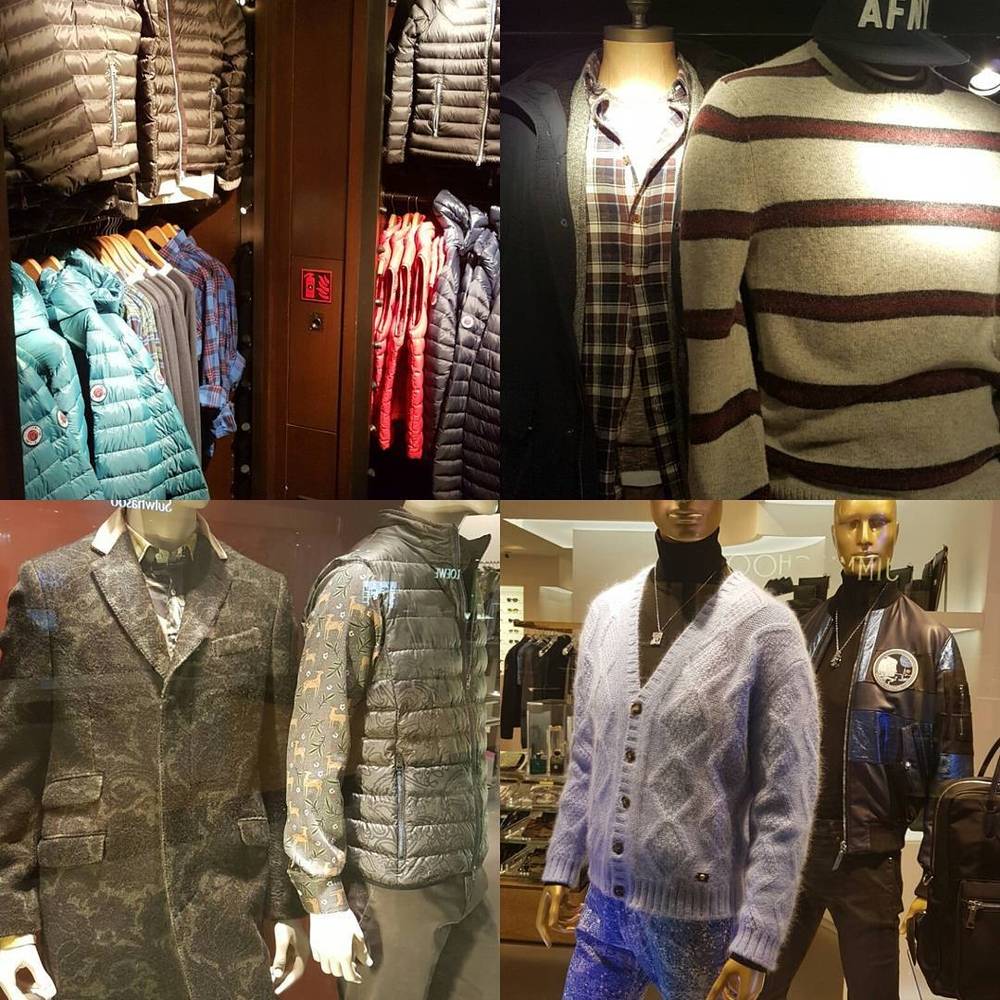 Collage of clothing displayed on mannequins in a fashion store.