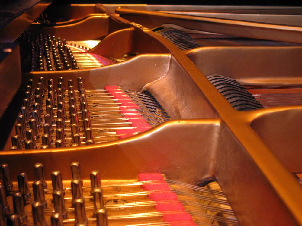 The inside of a grand piano