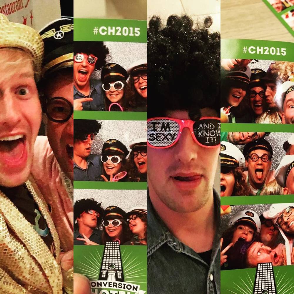 A collage of people wearing novelty glasses and costumes at a conference photo booth with "#CH2015" branding.